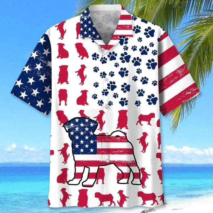 Pug Aloha Hawaiian Shirts For Summer, Independence Day Is Coming, Dog Paw Prints Aloha Hawaiian Shirt For Men Women, 4th Of July Gift For Dog Lovers - Amzanimalsgift