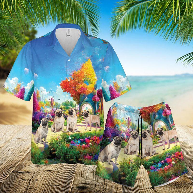 Pug Aloha Hawaiian Shirts For Summer, Puppies Dog Colorful Forest Hawaiian Set Holiday For Men Women, Gift For Friend, Family, Dog Lovers, Dog Mom Dad - Amzanimalsgift