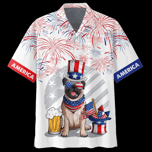 Pug And Beer Aloha Hawaiian Shirts For Summer, Pug Dog Independence Day Aloha Hawaiian Shirt For Men Women, Fourth Of July Apparel Gift For Dog Lovers - Amzanimalsgift