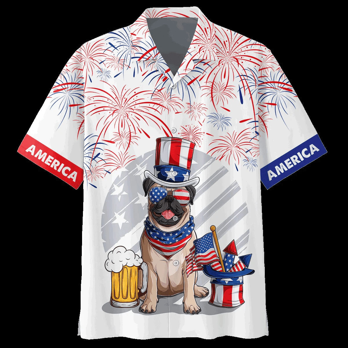 Pug And Beer Aloha Hawaiian Shirts For Summer, Pug Dog Independence Day Aloha Hawaiian Shirt For Men Women, Fourth Of July Apparel Gift For Dog Lovers - Amzanimalsgift