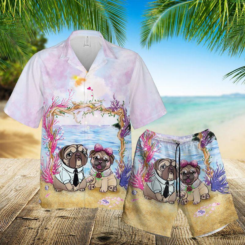 Pug Couple Aloha Hawaiian Shirts For Summer, Dog Valentine Couple Pug Lady Pug Dad Hawaiian Set For Men Women, Gift For Friend, Family, Dog Lovers - Amzanimalsgift