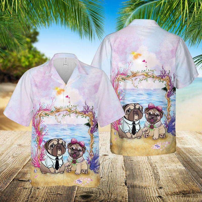 Pug Couple Aloha Hawaiian Shirts For Summer, Dog Valentine Couple Pug Lady Pug Dad Hawaiian Set For Men Women, Gift For Friend, Family, Dog Lovers - Amzanimalsgift