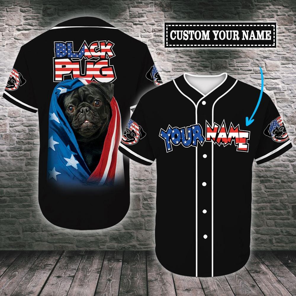 Pug Custom Name Baseball Jersey, Personalized Black Pug American Flag Baseball Tee Jersey Shirt Men Women, Gift For Dog Lovers, Dad Mom Dog - Amzanimalsgift
