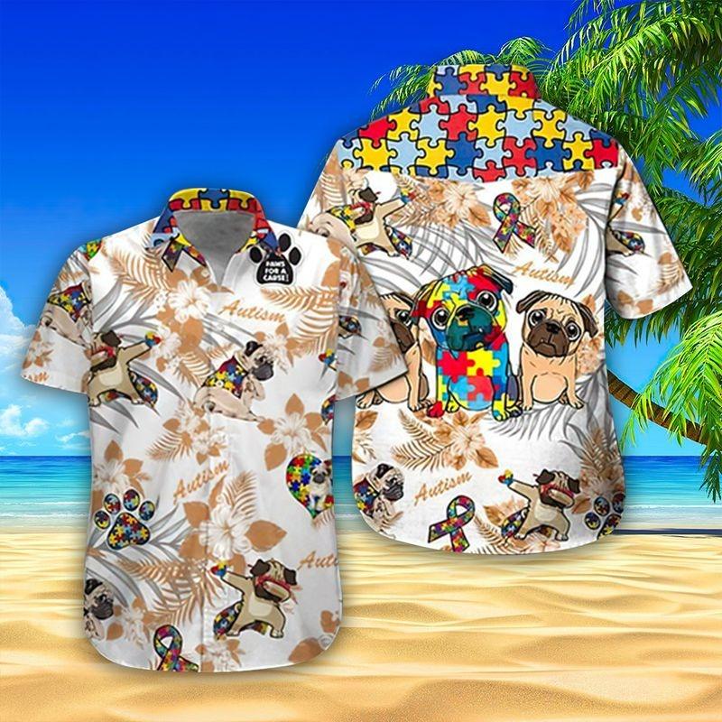 Pug Dog Aloha Hawaiian Shirt - Autism Puzzle Hawaiian Shirt, Funny Pug Dog Hawaiian Shirt - Perfect Gift For Men & Women, Pug Dog Lover - Amzanimalsgift