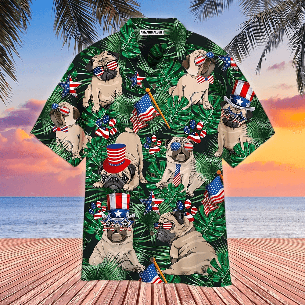 Pug Dog Happy 4th Of July Independence Day Aloha Hawaiian Shirts For Men Women, American Flag Hawaiian Shirt, Gift For Summer, Patriot, Dog Lovers - Amzanimalsgift