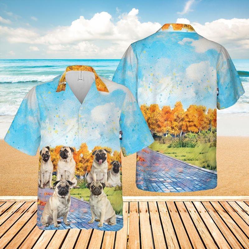 Pug Dog Hawaiian Shirt - Pug Dog Autumn Forest Hawaiian Shirt, Autumn Leaves Forest Hawaiian Shirt For Men & Women, Pug Lover - Amzanimalsgift