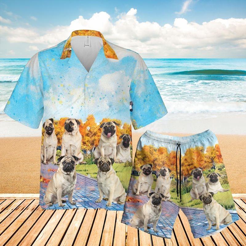 Pug Dog Hawaiian Shirt - Pug Dog Autumn Forest Hawaiian Shirt, Autumn Leaves Forest Hawaiian Shirt For Men & Women, Pug Lover - Amzanimalsgift