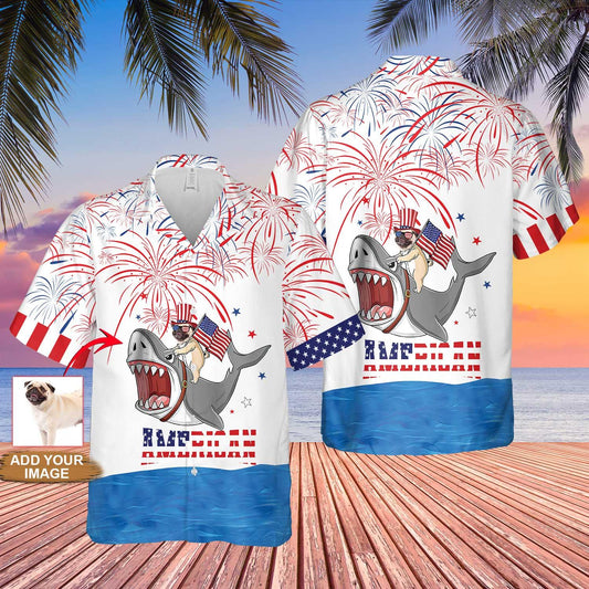 Pug Hawaiian Shirt Custom Photo For 4th Of July , Puppy Riding Shark With American Flag Firework Personalized Hawaiian Shirt - Gift for Independence Day - Amzanimalsgift