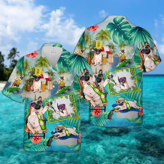 Pug Hawaiian Shirt, Cute Pug, Pug Surfing On Beach Hawaiian Shirt For Men - Perfect Gift For Pug Lovers, Husband, Boyfriend, Friend, Family - Amzanimalsgift