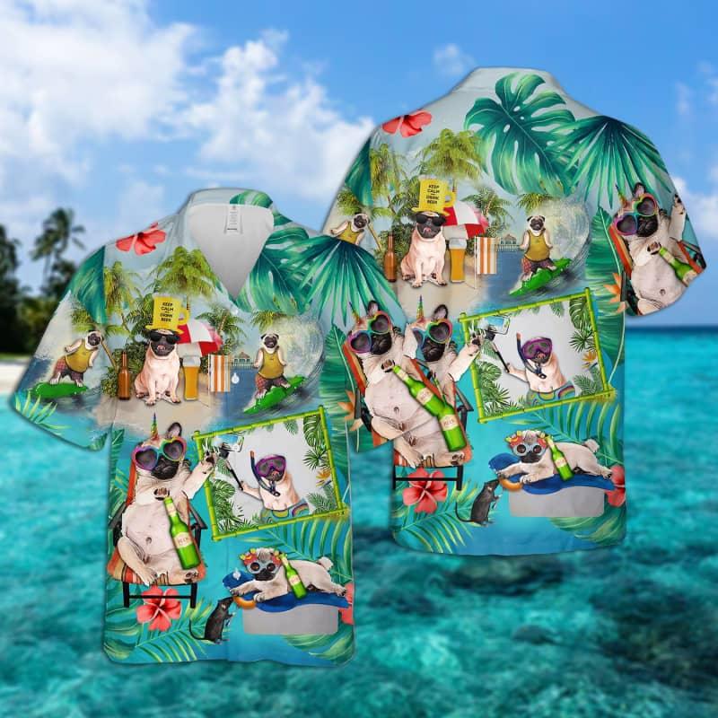Pug Hawaiian Shirt, Cute Pug, Pug Surfing On Beach Hawaiian Shirt For Men - Perfect Gift For Pug Lovers, Husband, Boyfriend, Friend, Family - Amzanimalsgift
