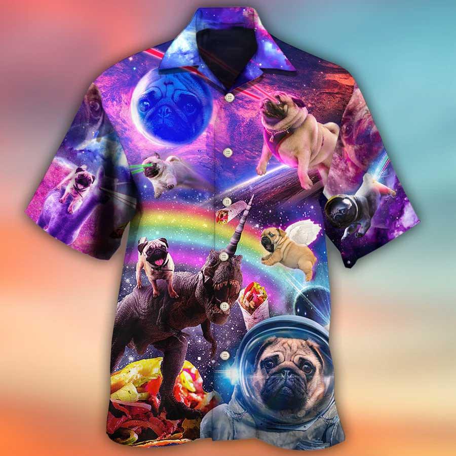 Pug Hawaiian Shirt, Dog Galaxy Rainbow Star T-Rex Style Aloha Hawaiian Shirt For Summer, Gift For Men Women, Dog Lover, Dog Mom Dad - Amzanimalsgift