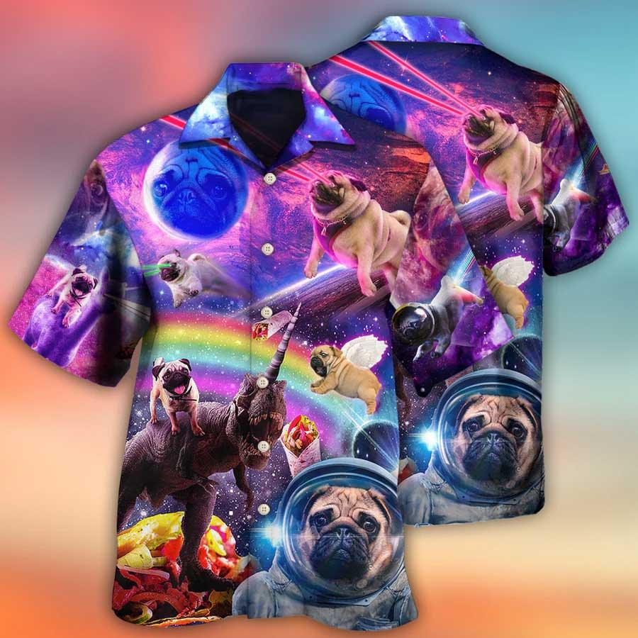 Pug Hawaiian Shirt, Dog Galaxy Rainbow Star T-Rex Style Aloha Hawaiian Shirt For Summer, Gift For Men Women, Dog Lover, Dog Mom Dad - Amzanimalsgift