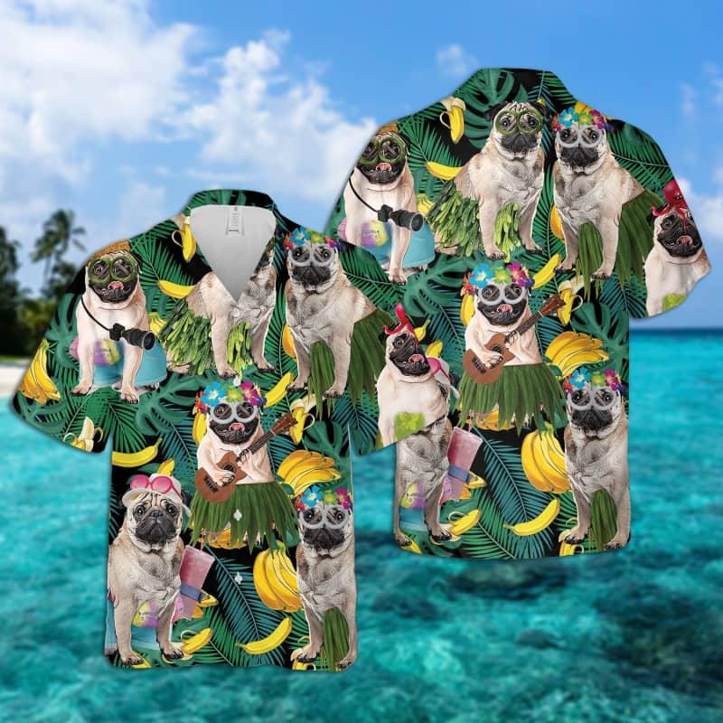 Pug Hawaiian Shirt, Tropical Summer Leaves Hawaiian Shirt For Men - Perfect Gift For Pug Lovers, Husband, Boyfriend, Friend, Family - Amzanimalsgift