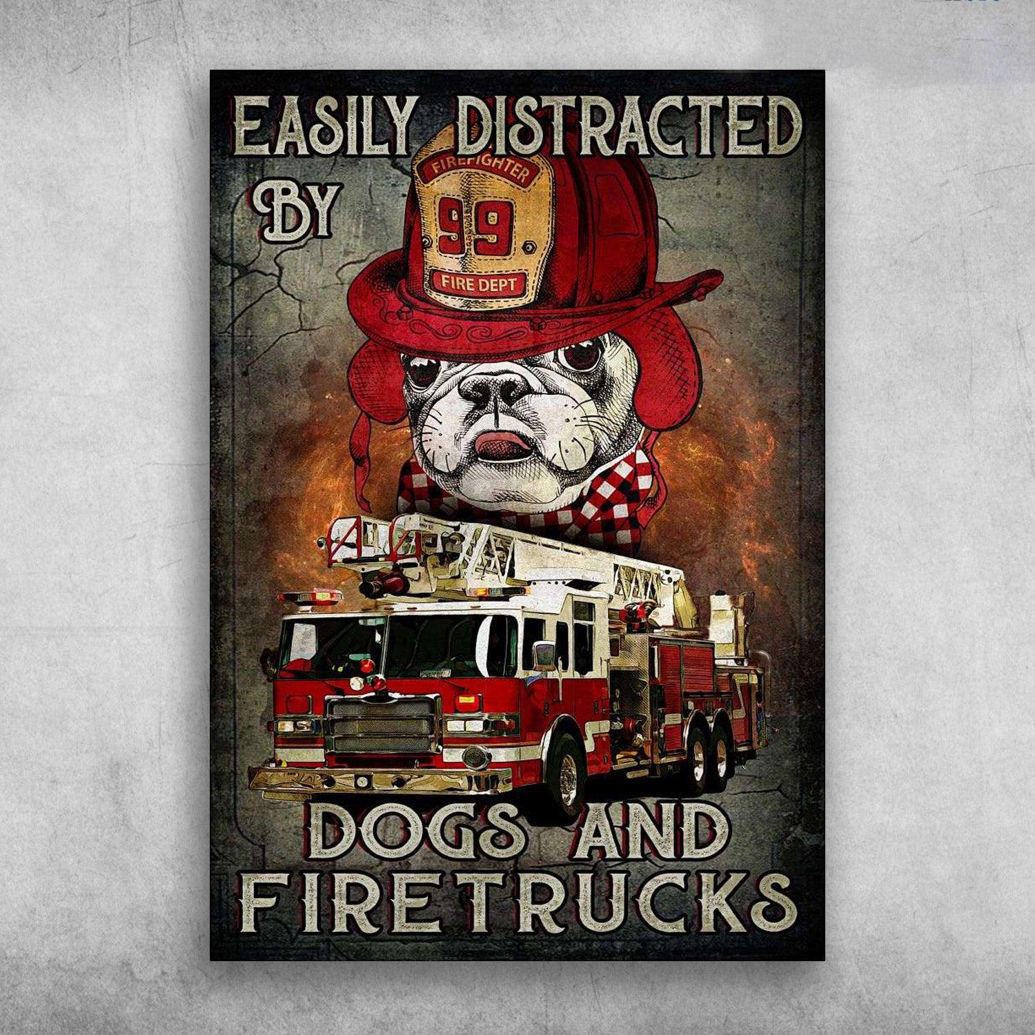 Pug Portrait Canvas - Easily Distracted By Dogs And Firetrucks - Perfect Gift For A Pug Owner Who Is A Firefighter And Loves Pug Portrait Canvas, Wall Decor Visual Art - Amzanimalsgift