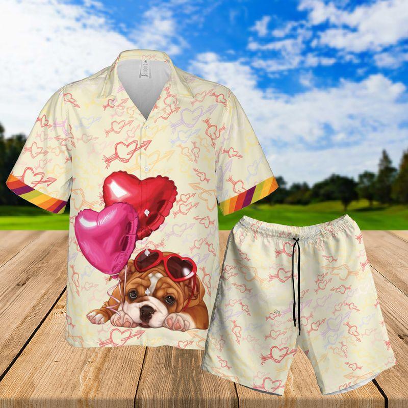 Pug Puppy Aloha Hawaiian Shirts For Summer, Heart Doodle Pattern Hawaiian Set For Men Women, Valentine Gift For Couple, Dog Lovers, Dog Mom Dad - Amzanimalsgift