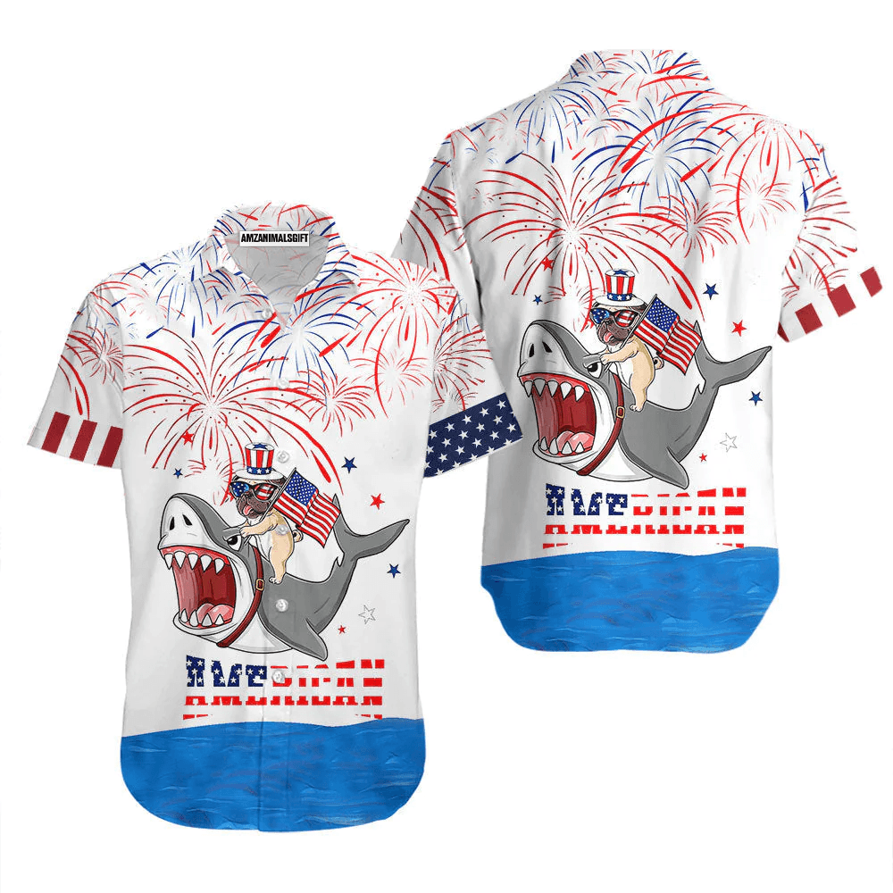 Pug Puppy Riding Shark With American Flag Firework Aloha Hawaiian Shirts For Men Women, 4th Of July Gift For Summer, Friend, Family, Independence Day - Amzanimalsgift