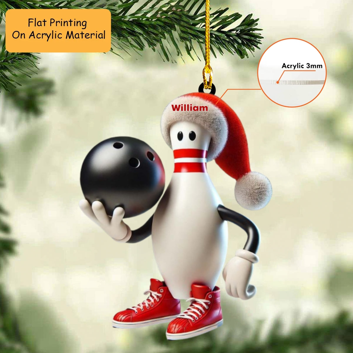 Personalized Bowling Ball Holding Pins Acrylic Ornament, Bowling Keychain, Car Ornament, Christmas Ornament Gifts