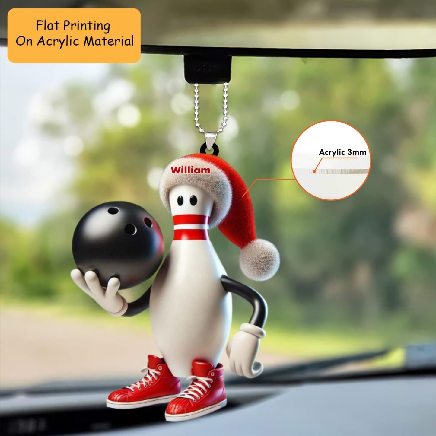 Personalized Bowling Ball Holding Pins Acrylic Ornament, Bowling Keychain, Car Ornament, Christmas Ornament Gifts