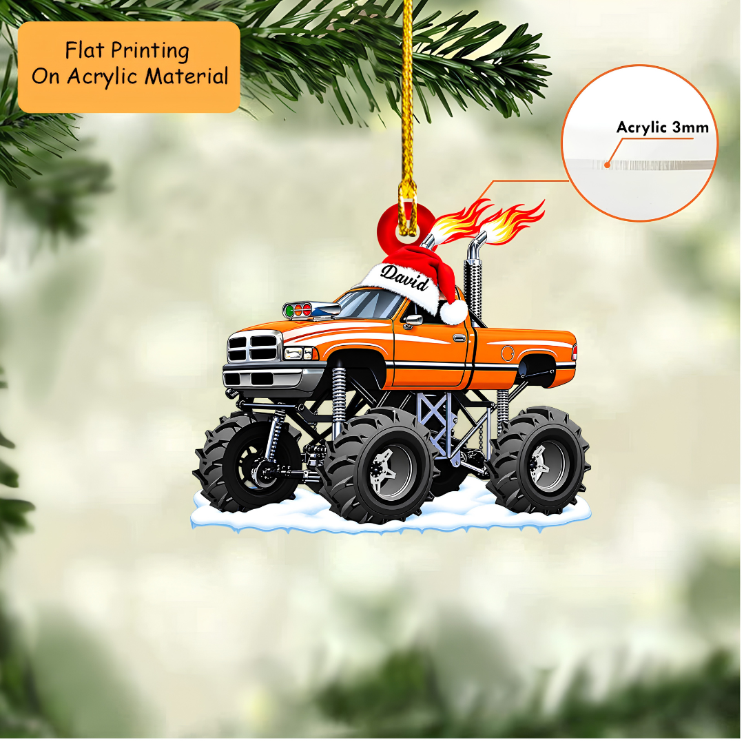 Personalized Monster Truck Christmas Ornament, Lifted Truck Flaming Exhaust, Custom Ornament Christmas Gift, Keychain Monster Truck, Car Ornament Monster Truck
