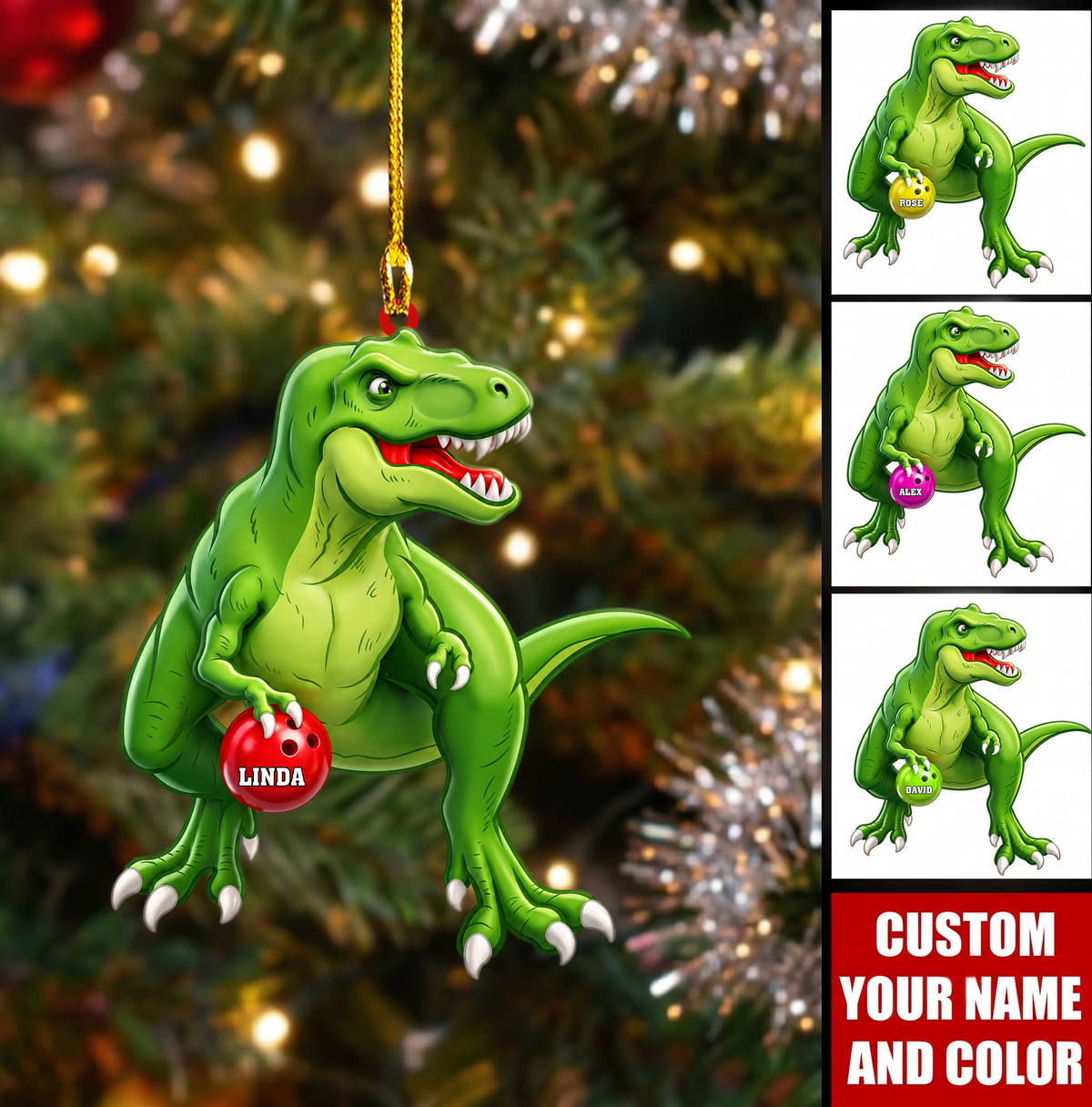 Personalized Dinosaur Bowler Christmas Ornament, Green T Rex Holding Bowling Ball, Custom Ornament Christmas Gift, Keychain Bowling, Car Ornament Bowling