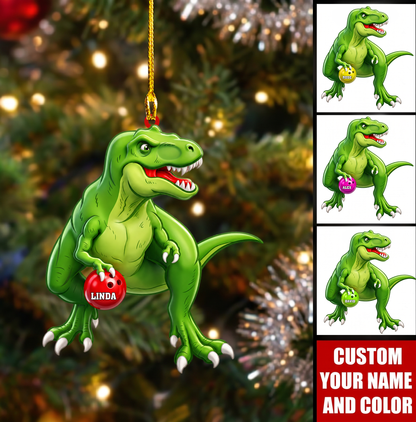Personalized Dinosaur Bowler Christmas Ornament, Green T Rex Holding Bowling Ball, Custom Ornament Christmas Gift, Keychain Bowling, Car Ornament Bowling
