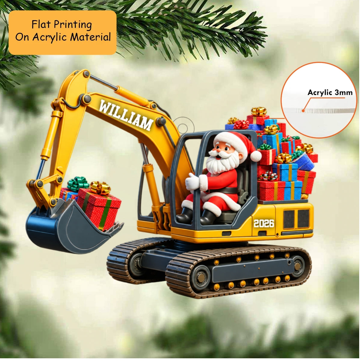 Personalized Excavator Christmas Ornament, Santa Drive Excavator, Custom Ornament Christmas Gift, Keychain Excavator, Car Ornament Excavator