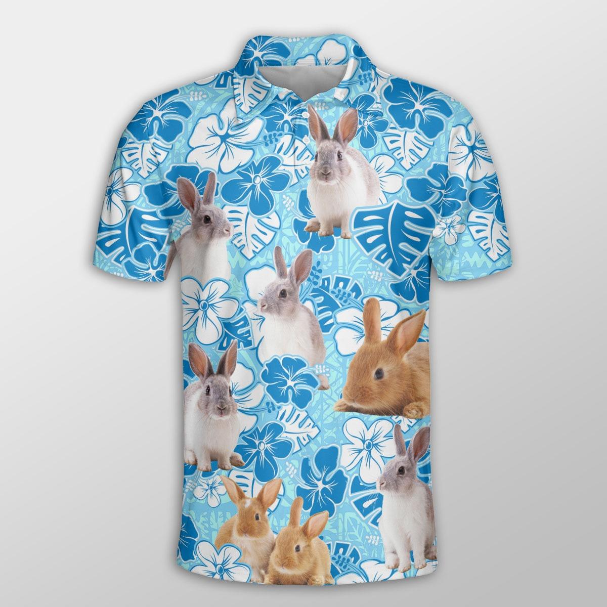 Rabbit Men Polo Shirts For Summer - Rabbit Blue Floral Pattern Button Shirts For Men - Perfect Gift For Rabbit Lovers, Cattle Lovers - Amzanimalsgift