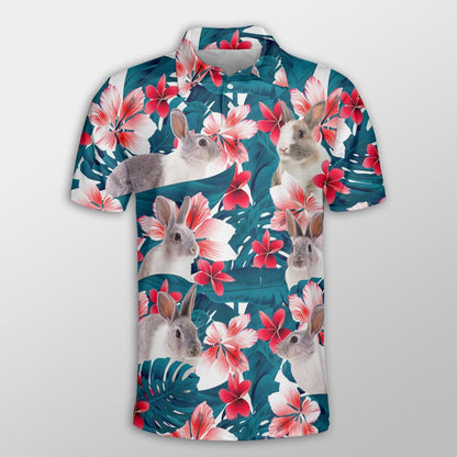 Rabbit Men Polo Shirts For Summer - Rabbit Tropical Floral Pattern Farm Lovers Button Shirts For Men - Perfect Gift For Rabbit Lovers, Cattle Lovers - Amzanimalsgift