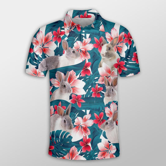 Rabbit Men Polo Shirts For Summer - Rabbit Tropical Floral Pattern Farm Lovers Button Shirts For Men - Perfect Gift For Rabbit Lovers, Cattle Lovers - Amzanimalsgift