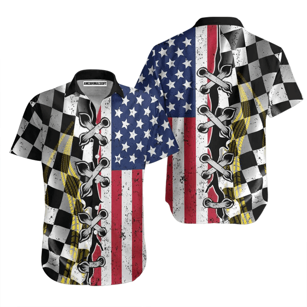 Racing Flag American Flag Dirt White Aloha Hawaiian Shirts For Men Women, 4th July Gift For Summer, Friend, Family, Independence Day, Racing Lovers - Amzanimalsgift