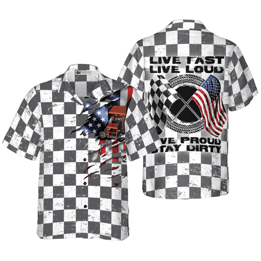 Racing Flag American Flag Hawaiian Shirt, Live Fast Live Loud Live Proud Stay Dirty Colorful Summer Aloha Shirt For Men Women, Perfect Gift For Friend - Amzanimalsgift