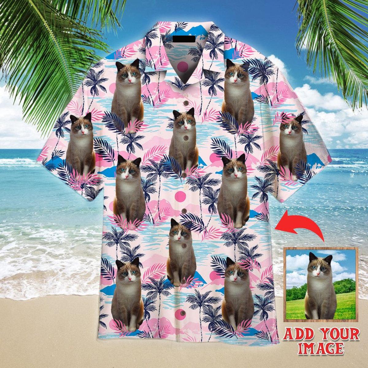 Ragdoll Cat On Pink Palm Tree Tropical Island Custom Photo Hawaiian Shirt, Personalized Hawaiian Shirts - Perfect Gift For Cat Lovers, Family, Friends - Amzanimalsgift