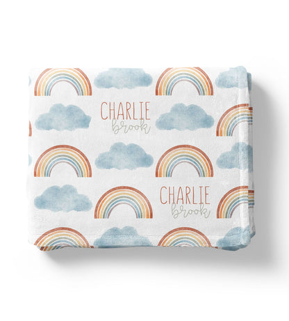 Rainbow Clouds Baby Kids Blanket With Customized Name For Baby Nursery, Son, Daughter, Granddaughter, Grandson