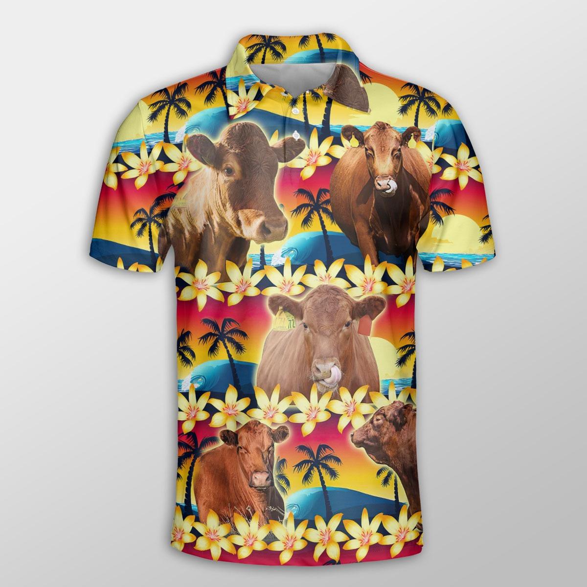 Red Angus Men Polo Shirts For Summer - Red Angus Beach Sunset Pattern Shirts For Men - Perfect Gift For Red Angus Lovers, Cattle Lovers - Amzanimalsgift