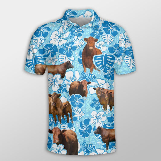 Red Angus Men Polo Shirts For Summer - Red Angus Blue Floral Pattern Button Shirts For Men - Perfect Gift For Red Angus Lovers, Cattle Lovers - Amzanimalsgift