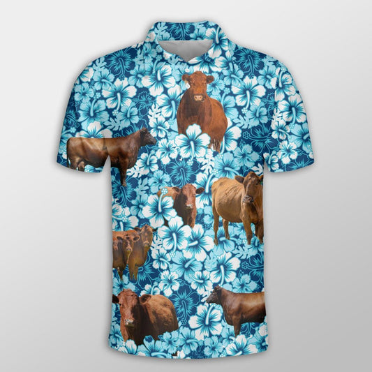 Red Angus Men Polo Shirts For Summer - Red Angus Blue Hibiscus Pattern Button Shirts For Men - Perfect Gift For Red Angus Lovers, Cattle Lovers - Amzanimalsgift