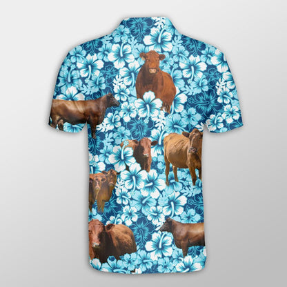 Red Angus Men Polo Shirts For Summer - Red Angus Blue Hibiscus Pattern Button Shirts For Men - Perfect Gift For Red Angus Lovers, Cattle Lovers - Amzanimalsgift