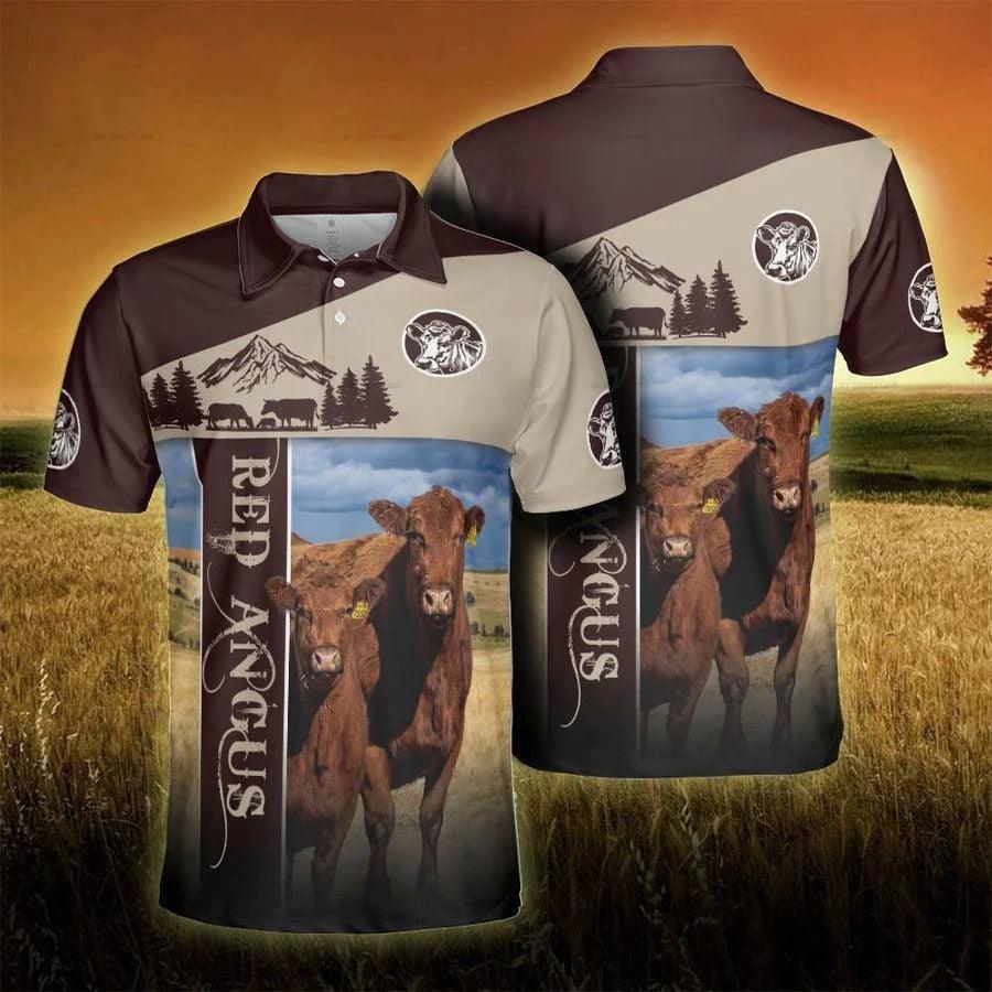 Red Angus Men Polo Shirts For Summer - Red Angus Proud Farmer Polo Shirts For Men - Perfect Gift For Red Angus Lovers, Cattle Lovers - Amzanimalsgift