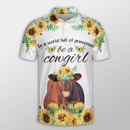 Red Angus Men Polo Shirts For Summer - Red Angus Sunflower Be A Cowgirl Pattern Shirts For Men - Perfect Gift For Red Angus Lovers, Cattle Lovers - Amzanimalsgift