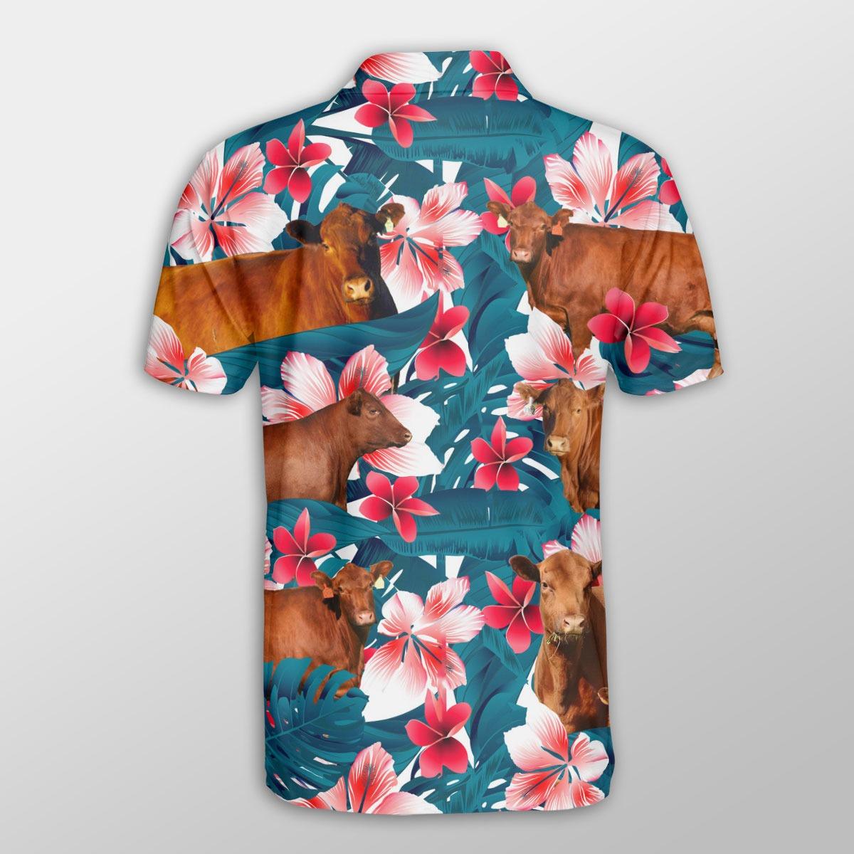 Red Angus Men Polo Shirts For Summer - Red Angus Tropical Floral Pattern Farm Lovers Button Shirts For Men - Perfect Gift For Red Angus Lovers - Amzanimalsgift