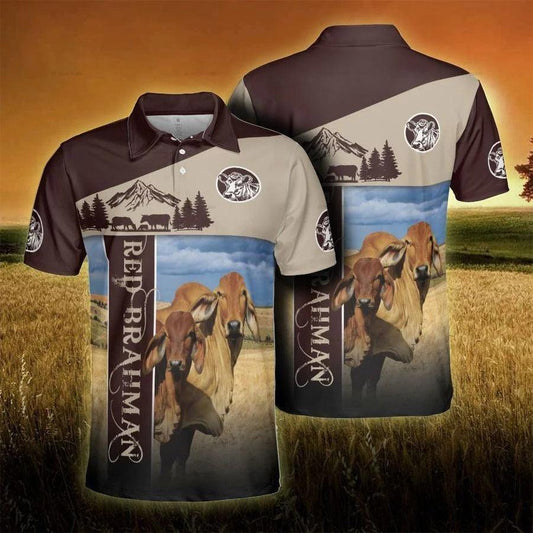 Red Brahman Men Polo Shirts For Summer - Red Brahman Proud Farmer Polo Shirts For Men - Perfect Gift For Brahman Lovers, Cattle Lovers - Amzanimalsgift