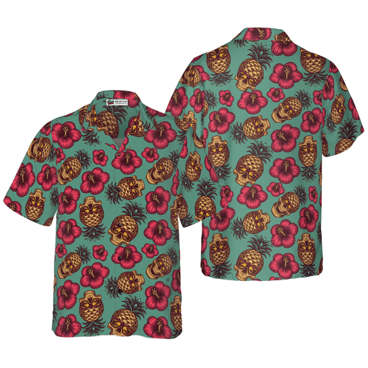 Retro Pineapple Skull Hibiscus Pattern Hawaiian Shirt, Colorful Summer Aloha Shirt For Men Women, Perfect Gift For Friend, Family, Husband, Wife - Amzanimalsgift