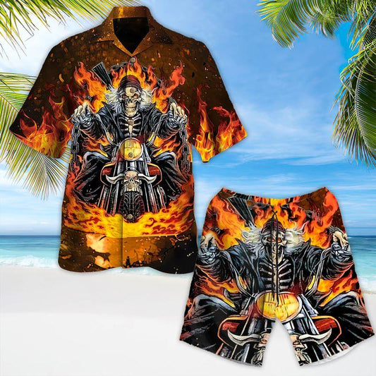 Riding Motorcycle Aloha Hawaiian Shirts For Summer, Grim Reaper Rider Skull Burning Hawaiian Set For Men Women, Gift For Friend, Motorcycle Lovers - Amzanimalsgift