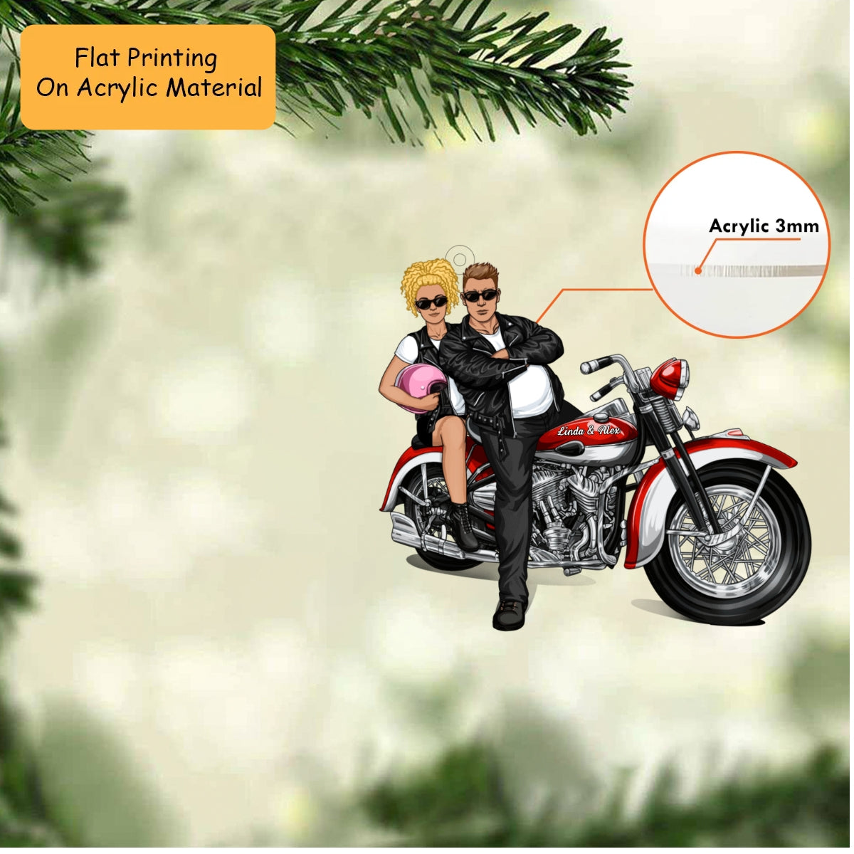 Personalized Biker Couple Christmas Ornament, Badass Riders On Red Cruiser, Custom Ornament Christmas Gift, Keychain Biker, Car Ornament Biker