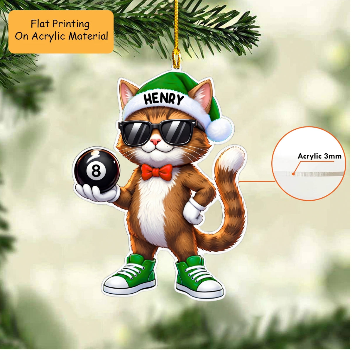 Personalized Billiard Christmas Ornament, Cat Holding 8 Ball Billiard, Custom Ornament Christmas Gift, Keychain Billiard, Car Ornament Billiard
