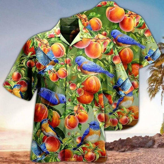 Robin Bird Aloha Hawaiian Shirt - Blue Robin Bird Hawaiian Shirt, Peach Fruits Hawaiian Shirt For Men & Women, Robin Bird Lover - Amzanimalsgift