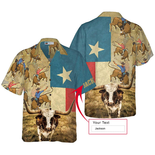 Rodeo Longhorn Texas Flag Custom Name Hawaiian Shirt, Personalized Summer Aloha Shirt Perfect Unique Gift For Men Women Texas Lovers - Amzanimalsgift