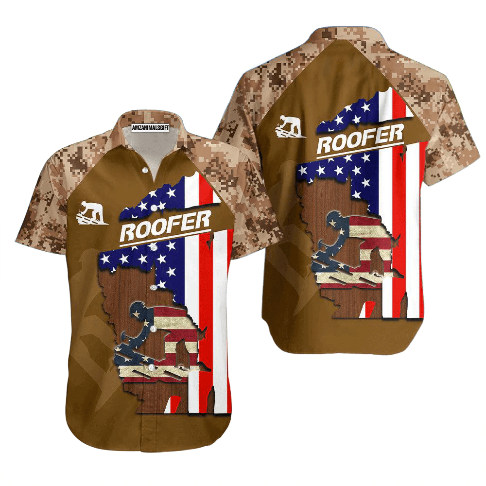 Roofer American Flag Patriotic Brown Aloha Hawaiian Shirts For Men Women, 4th Of July Gift For Summer, Friend, Family, Independence Day, Roofer Lovers - Amzanimalsgift