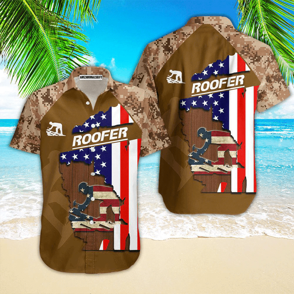 Roofer American Flag Patriotic Brown Aloha Hawaiian Shirts For Men Women, 4th Of July Gift For Summer, Friend, Family, Independence Day, Roofer Lovers - Amzanimalsgift