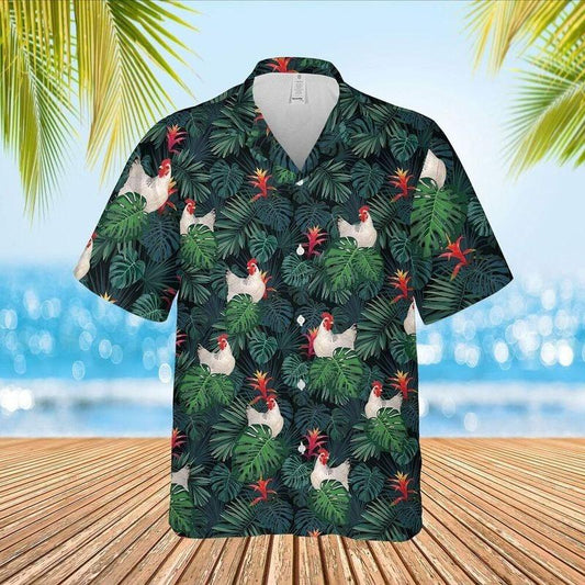 Rooster Aloha Hawaiian Shirt - White Rooster Farm Hawaiian Shirt, Tropcical Leaf Hawaiian Shirt For Men & Women, Rooster Lover - Amzanimalsgift